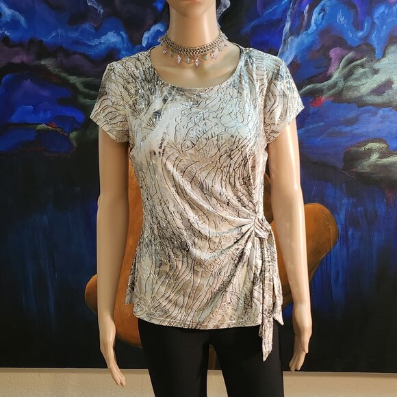 MSK, size S, scoop neck, short sleeve top, flowing, sequins, nuetral colors - Picture 13 of 14